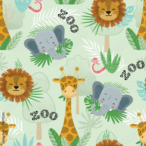 Seamless pattern vector illustration of safari animals cartoon with leaves