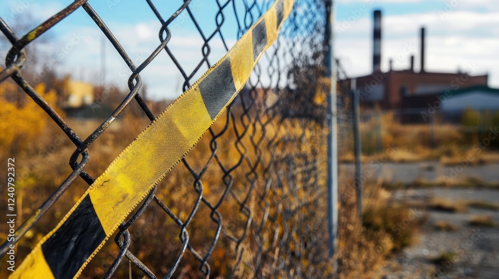 Fototapeta premium Yellow and black barricade tape flapping against a chain-link fence, marking the boundaries of an abandoned factory site, evoking a sense of isolation.