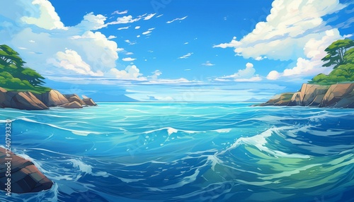 cartoon anime style ocean sea graphic resource illustration calm waters blue skies background generated ai