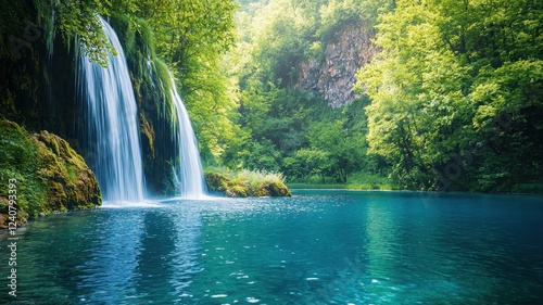 World water day with awareness and supply idea. Serene waterfall in a lush green forest setting.
