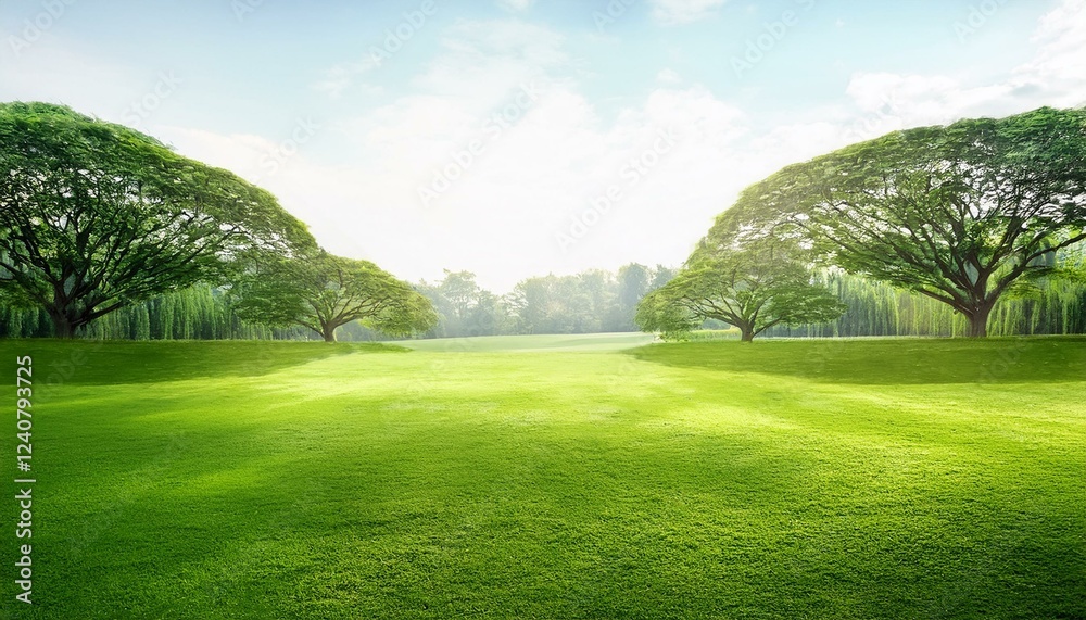 Naklejka premium sunny park with lush green grass and trees