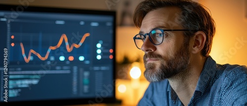 A focused man analyzes data on a screen, showcasing graphs and metrics in a tech-savvy environment illuminated by soft lights.