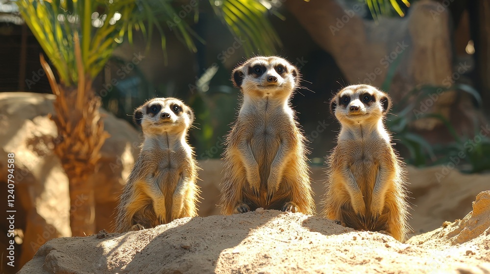 Fototapeta premium Three meerkats stand alert on a sandy mound, surrounded by lush greenery, showcasing their curious and social nature.
