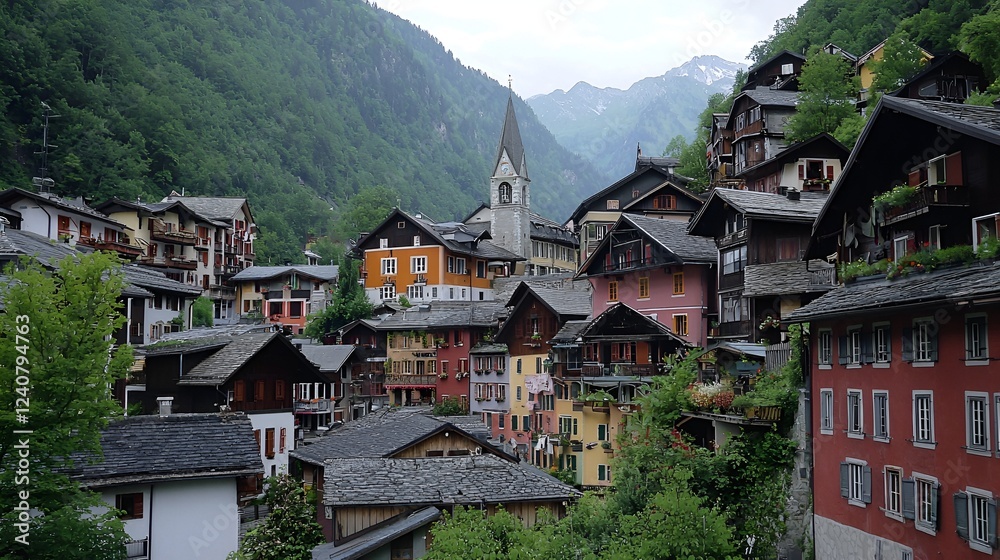 Colorful Alpine village nestled in mountains. Travel, tourism, postcard Colorful Alpine village nestled in mountains. Travel, tourism, postcard