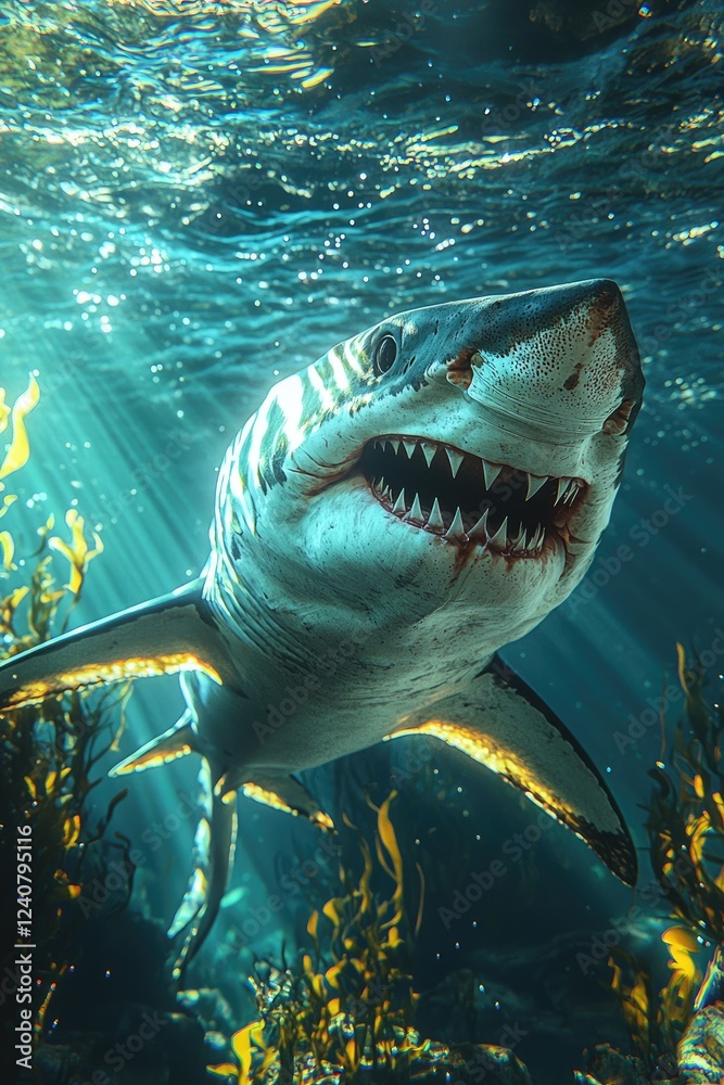 Fototapeta premium Great White Shark Underwater Kelp Forest Scene