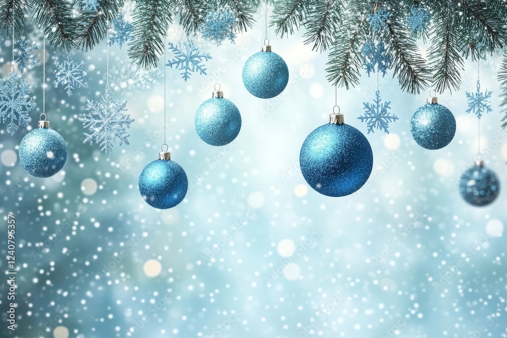 Blue Christmas Background with Glittering Ornaments and Snowflakes. Festive and Sparkling Holiday Setting. Blue Christmas Background with Glittering Ornaments and Snowflakes. Festive and Sparkling Holiday Setting.