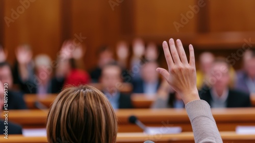 A city council meeting where engaged citizens passionately advocate for policy changes, raising hands and voicing their concerns. The setting is a professional legislative hall with microphones,