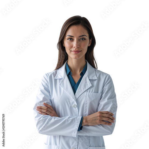 Female Pharmacist in White Coat Standing with Arms at Her Sides, Offering Expertise in a Pharmacy Setting