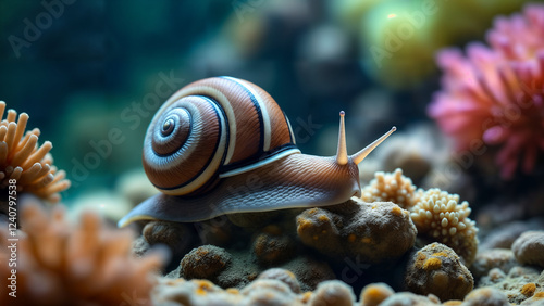 Zebra Nerite Snail Gliding Through a Vibrant Aquarium Landscape photo