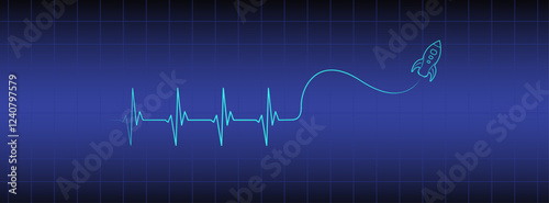 Blue medical banner, editable lines heart rhythm illustration, spacecraft rocket vector design to use for healthcare, business idea, healthy lifestyle, medical science concept projects. 