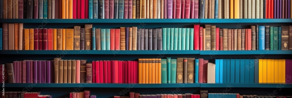 A Vibrant Bookshelf Filled with Colorful Books in Various Designs and Arrangements in a Tasteful Library Setting A Vibrant Bookshelf Filled with Colorful Books in Various Designs and Arrangements in a Tasteful Library Setting