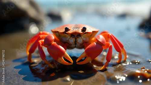 A Stunning Close-Up of a Sally Lightfoot Crab in its Natural Habitat with Vibrant Colors and Ocean Background