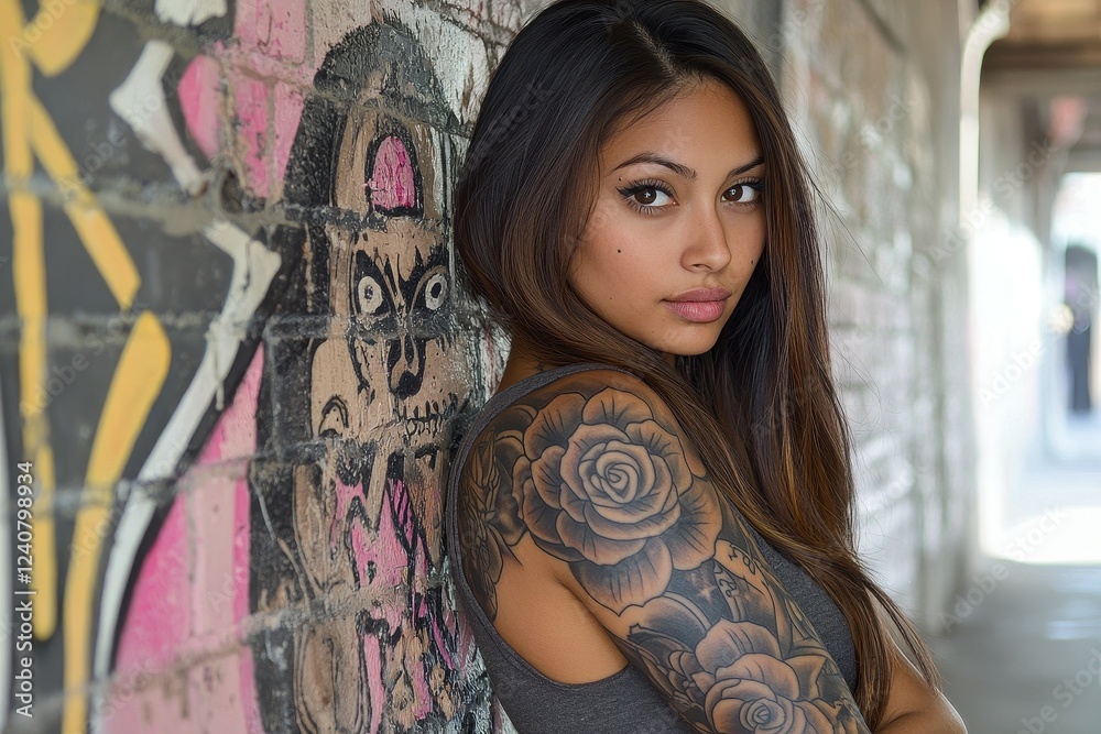 Naklejka premium Edgy Woman with Full Sleeve Tattoos A striking woman with long, dark hair revealing a detailed full sleeve tattoo