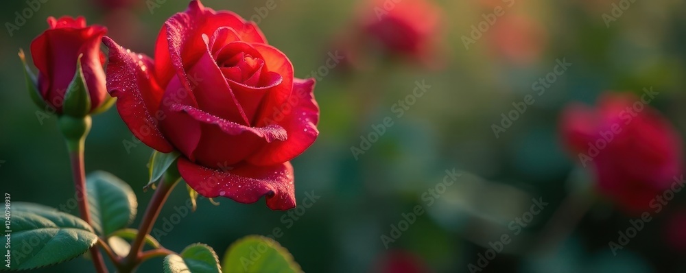 Obraz premium red valentine rose drops gently, surrounded by morning dew, botanical, flowers, love