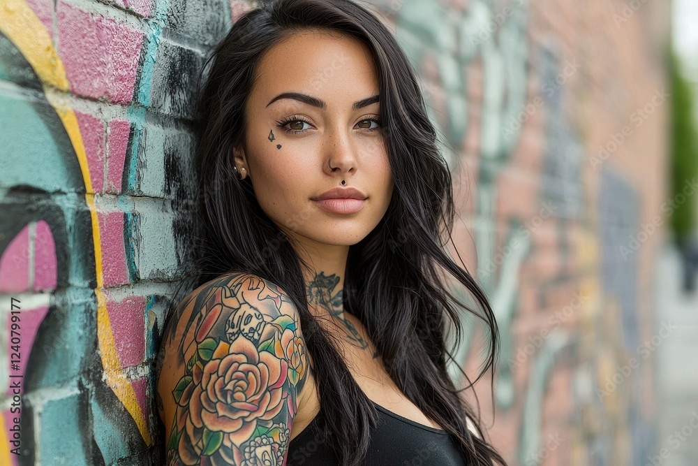 Naklejka premium Edgy Woman with Full Sleeve Tattoos A striking woman with long, dark hair revealing a detailed full sleeve tattoo