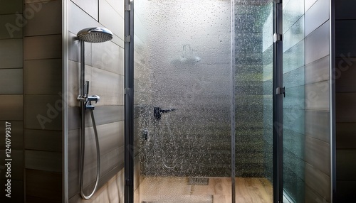 a contemporary shower with frosted glass showcasing water droplets
