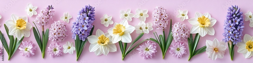 Fototapeta premium Spring Floral Panorama, Pastel Pink Backdrop with Delicate White Daffodils, and Purple Hyacin