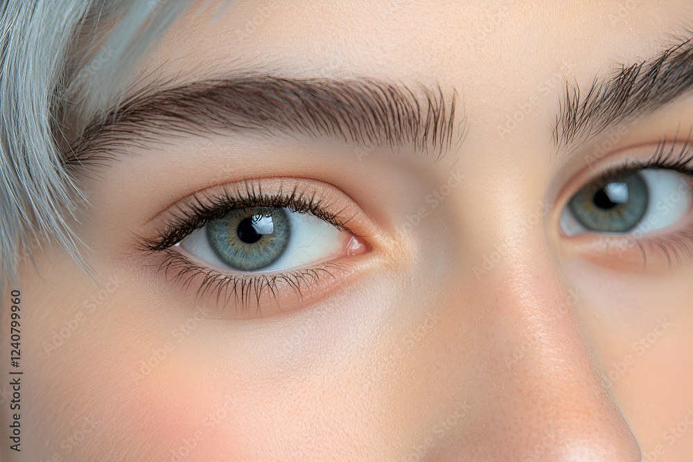 Obraz premium Close-up of a Person's Eye with Gray-Blue Iris, Long Lashes, and Shaped Brows: Beauty, Cosmetics, and Skincare.