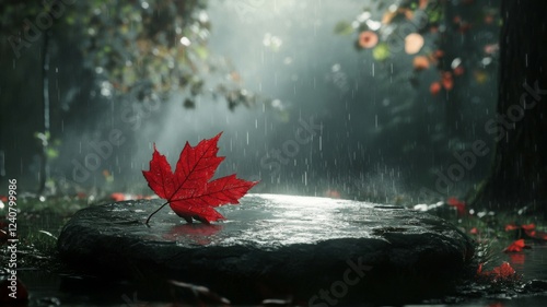 Single Red Maple Leaf in the Rain