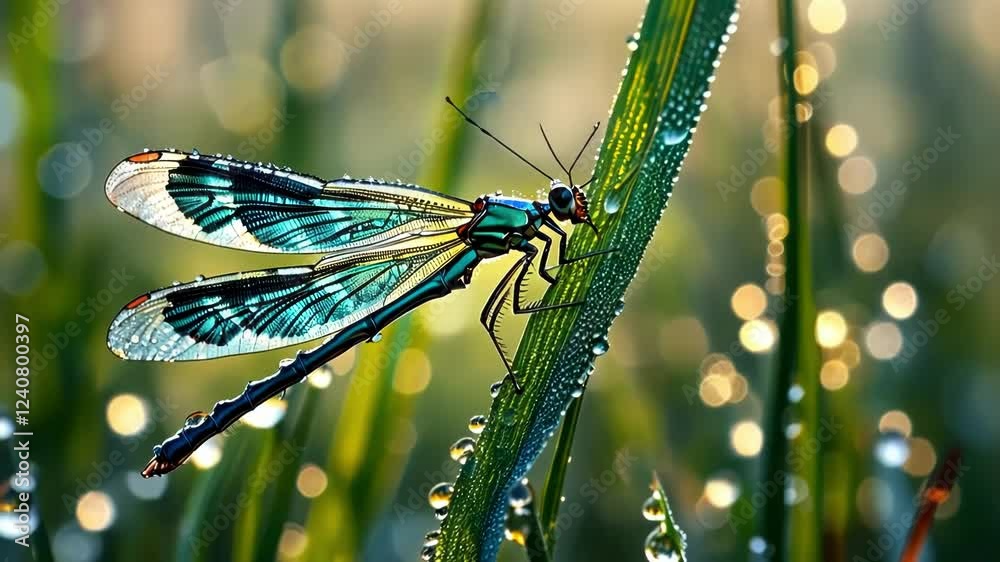 A vibrant dragonfly perched on a dew-covered leaf in soft sunlight.