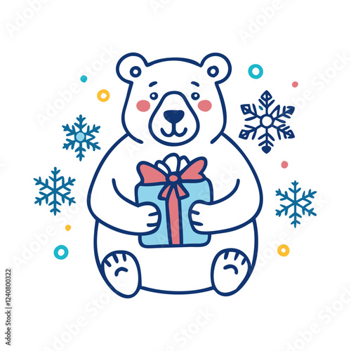 Polar bear with cheerful kindness offering a gift against wintry backdrop with copy space