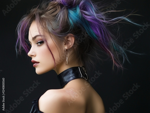 Jeune femme gothique aux cheveux mauve et bleu photo