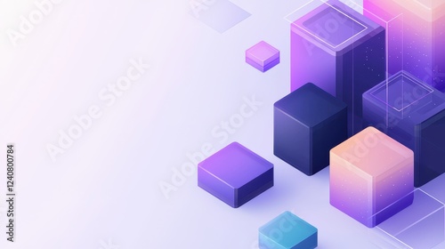 A modern digital design featuring 3D geometric shapes in vibrant purple and blue hues against a light background.