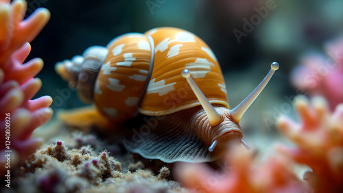 Intricate Beauty of the Checkerboard Snail (Nassarius vibex) in Its Natural Habitat with Vibrant Marine Life photo