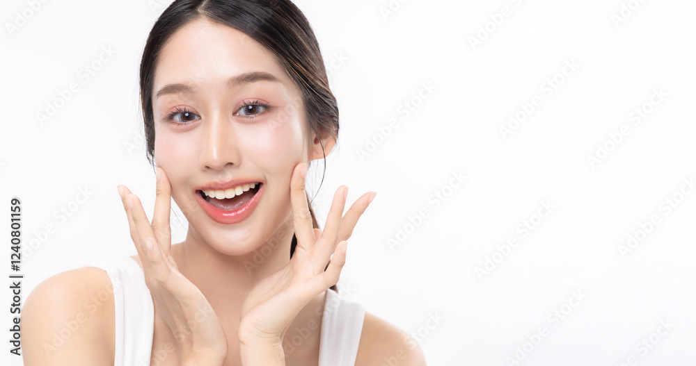 Close up facial of young Asian beautiful woman with K-beauty make up style and healthy and perfect skin with copyspace isolated on white background for skincare commercial product advertising. Close up facial of young Asian beautiful woman with K-beauty make up style and healthy and perfect skin with copyspace isolated on white background for skincare commercial product advertising.