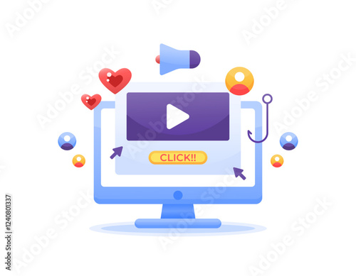 clickbait concept. strategy to attract the attention of viewers or readers with promising titles or content. illustration of a computer monitor with click buttons, videos, and hooks. flat style design