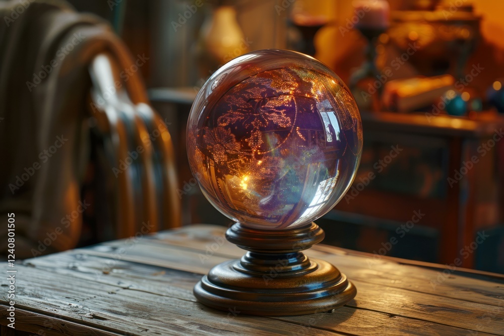 Glowing crystal ball standing on a wooden table reflecting candlelight in a dimly lit esoteric room Glowing crystal ball standing on a wooden table reflecting candlelight in a dimly lit esoteric room