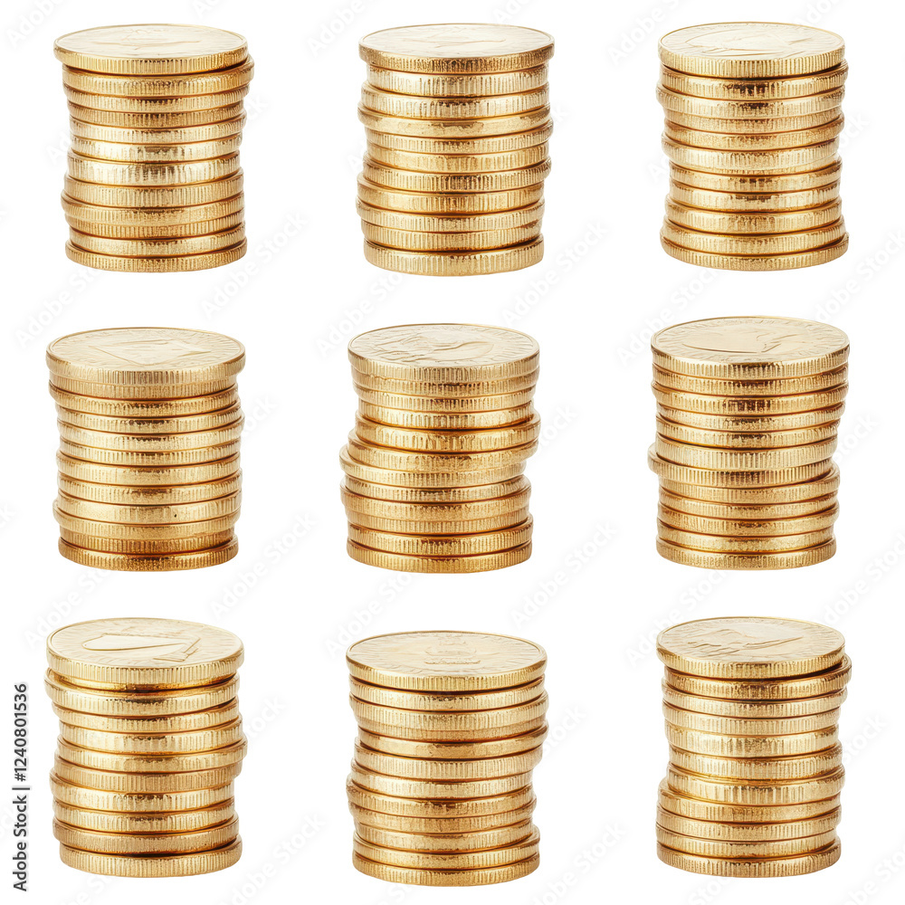 Coin Stacks: Nine stacks of shiny gold coins arranged in a grid pattern, symbolizing wealth, prosperity, and financial growth. Coin Stacks: Nine stacks of shiny gold coins arranged in a grid pattern, symbolizing wealth, prosperity, and financial growth.