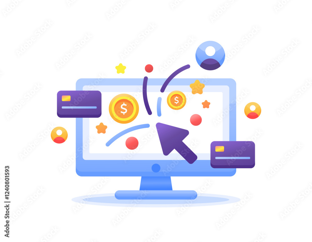 pay per click concept. online advertising where advertisers pay each time their ad is clicked. click to win prize. illustration of a computer monitor with cursor, coins and debit card. flat style pay per click concept. online advertising where advertisers pay each time their ad is clicked. click to win prize. illustration of a computer monitor with cursor, coins and debit card. flat style