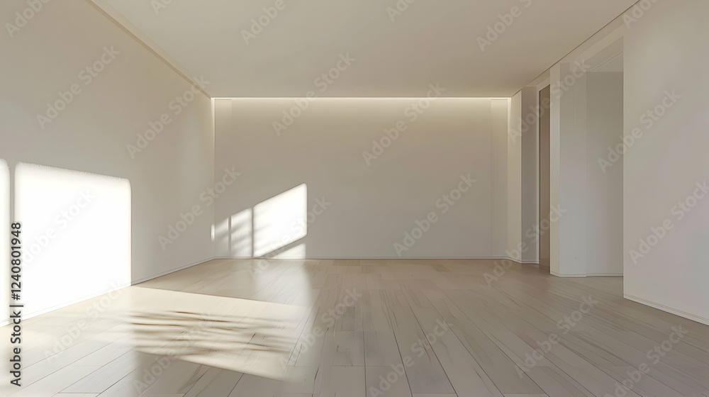 Bright and minimalistic interior of a modern empty room with wooden flooring and soft shadows Bright and minimalistic interior of a modern empty room with wooden flooring and soft shadows