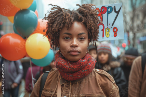 A young Black woman stands confidently in a bustling city, holding a sign that celebrates her message, surrounded by colorful balloons and fellow marchers in a lively atmosphere. photo