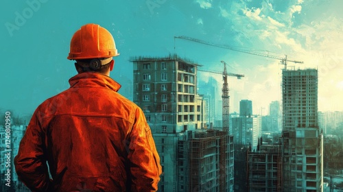 Construction builder in a building uniform. construction background. Builder at the construction site. Man worker with helmet on construction site. Bilder in hardhat. 
