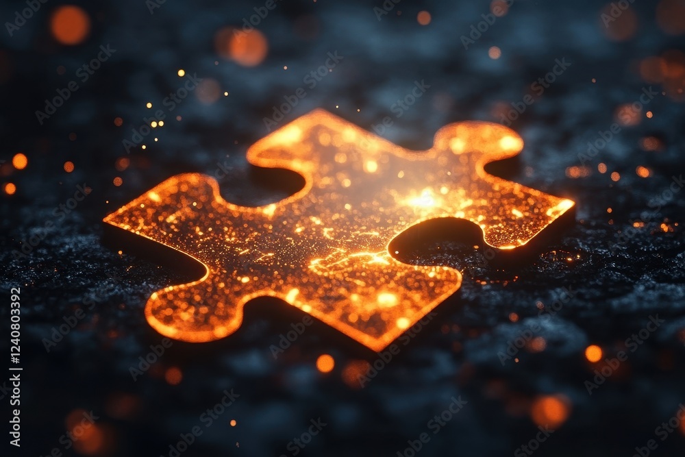 A glowing puzzle piece radiating warmth and energy amidst a dark, textured background. A glowing puzzle piece radiating warmth and energy amidst a dark, textured background.