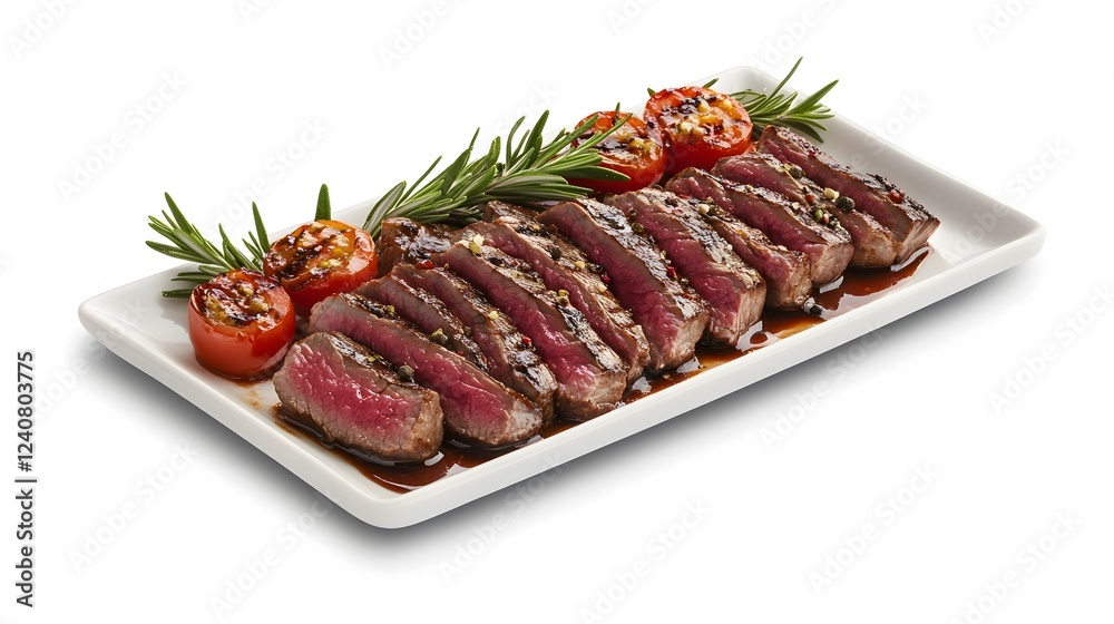 Sliced grilled steak with roasted tomatoes and rosemary Sliced grilled steak with roasted tomatoes and rosemary