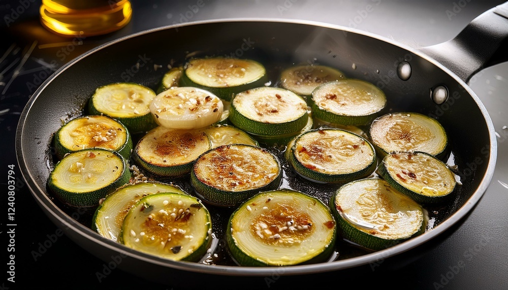 sliced zucchini being sauteed in a frying pan with garlic and olive oil creating a golden brown color sliced zucchini being sauteed in a frying pan with garlic and olive oil creating a golden brown color
