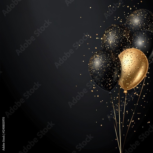 Elegant Black and Gold Balloons Floating on Dark Background