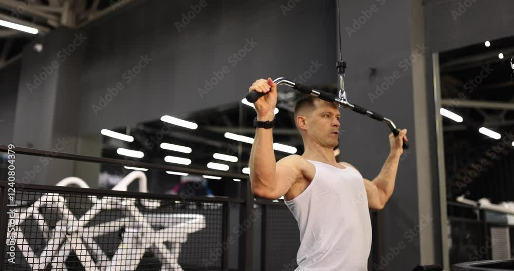 Muscular athlete performs LAT pull-down exercise in gym. Man builds back muscles with intense focus and determination in fitness facility slow motion Muscular athlete performs LAT pull-down exercise in gym. Man builds back muscles with intense focus and determination in fitness facility slow motion