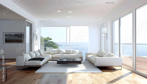 Modern living room with white furniture and ocean view, bright sunlight illuminating the space