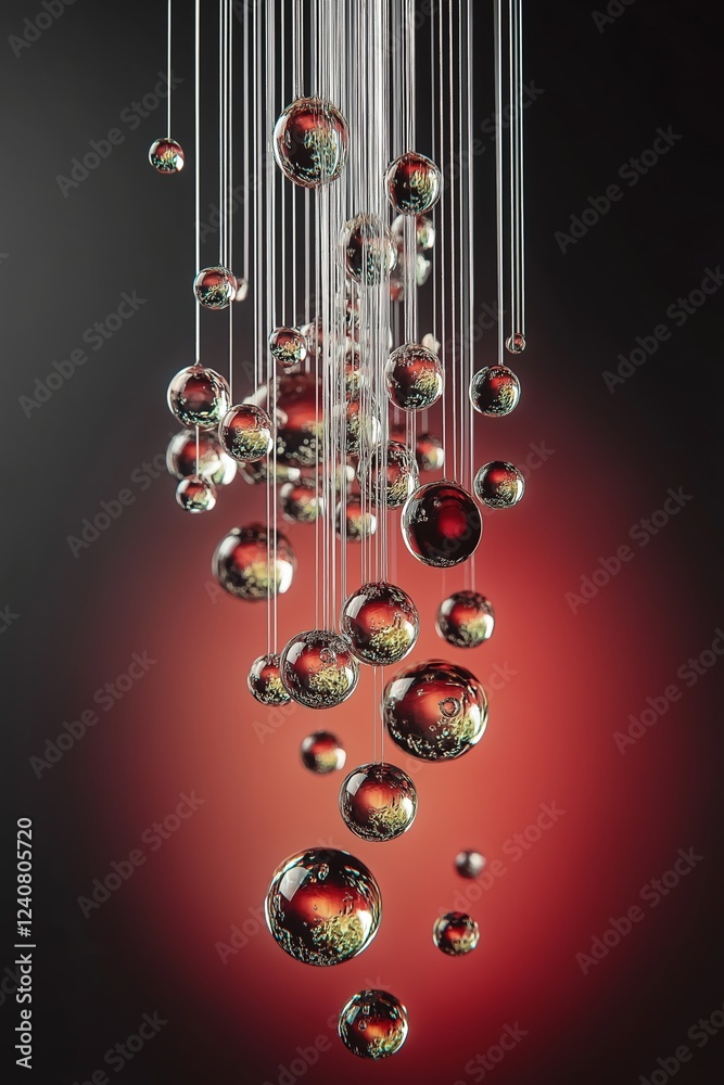 Obraz premium Glass spheres hang in midair, droplets catch highlights, glowing hues spread, strings hold droplets, reflections shift, polished glass spheres hang under light.