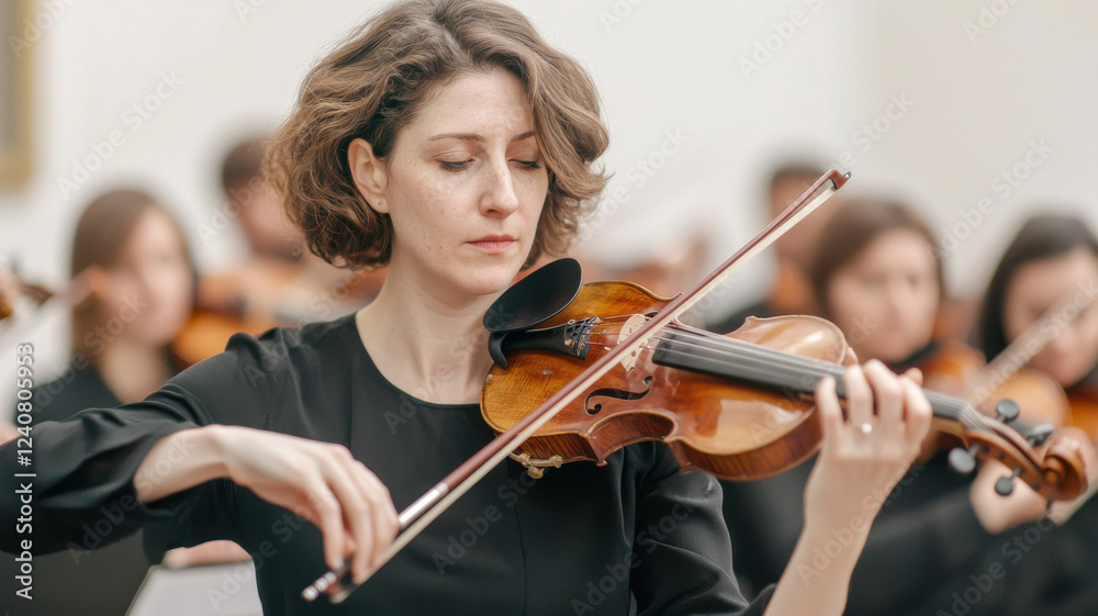 Musician playing violin in symphony orchestra performance Musician playing violin in symphony orchestra performance