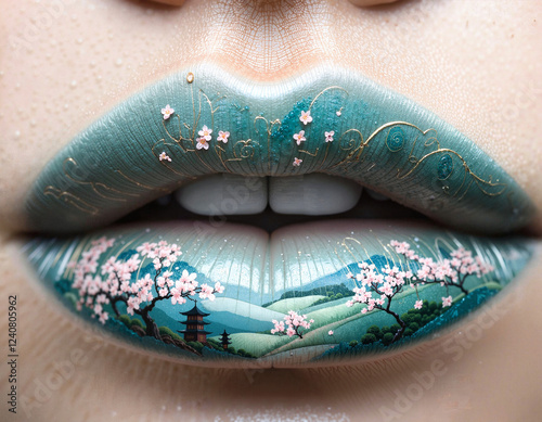 Close-up of artistic lip makeup featuring a serene landscape with cherry blossoms and gold accents