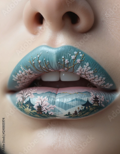 Close-up of artistic lip makeup with landscape design in pastel colors