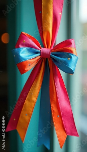 Colorful ribbons tied in a festive cotillon knot , vibrant, spring, polka dot