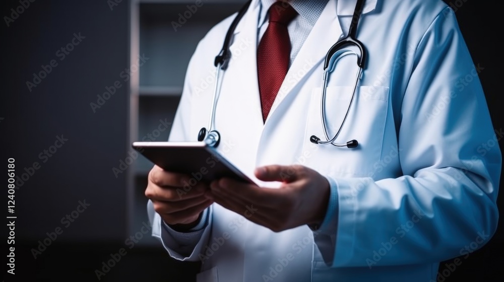 Professional doctor in white coat using a tablet to access medical information in a modern healthcare environment with stethoscope around neck Professional doctor in white coat using a tablet to access medical information in a modern healthcare environment with stethoscope around neck