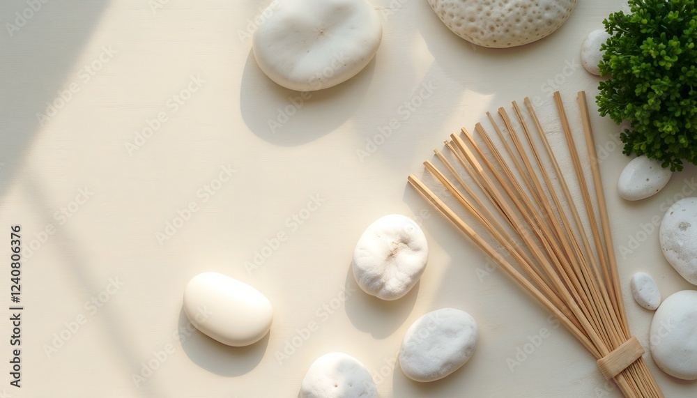 Zen stones and bamboo fan in calming interior Zen stones and bamboo fan in calming interior
