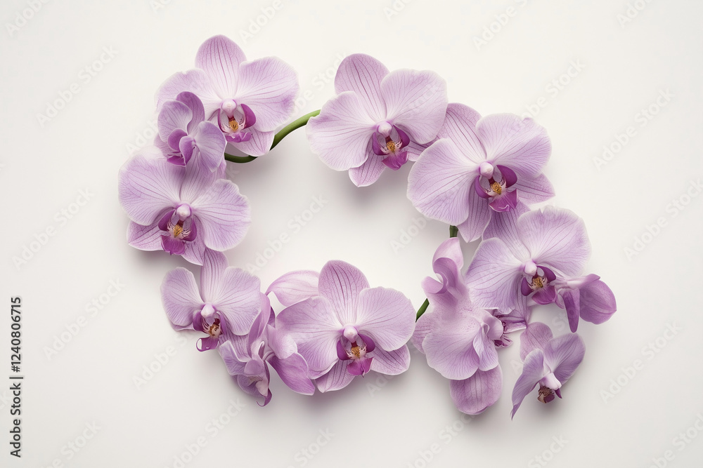 Elegant orchid flower wreath in soft purple on white background. Elegant orchid flower wreath in soft purple on white background.